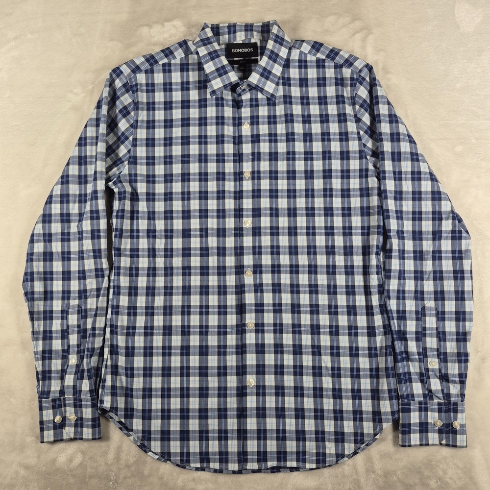 Bonobos Long Sleeve Button Up Shirt Men's Medium Blue Plaid Slim Fit Nylon
